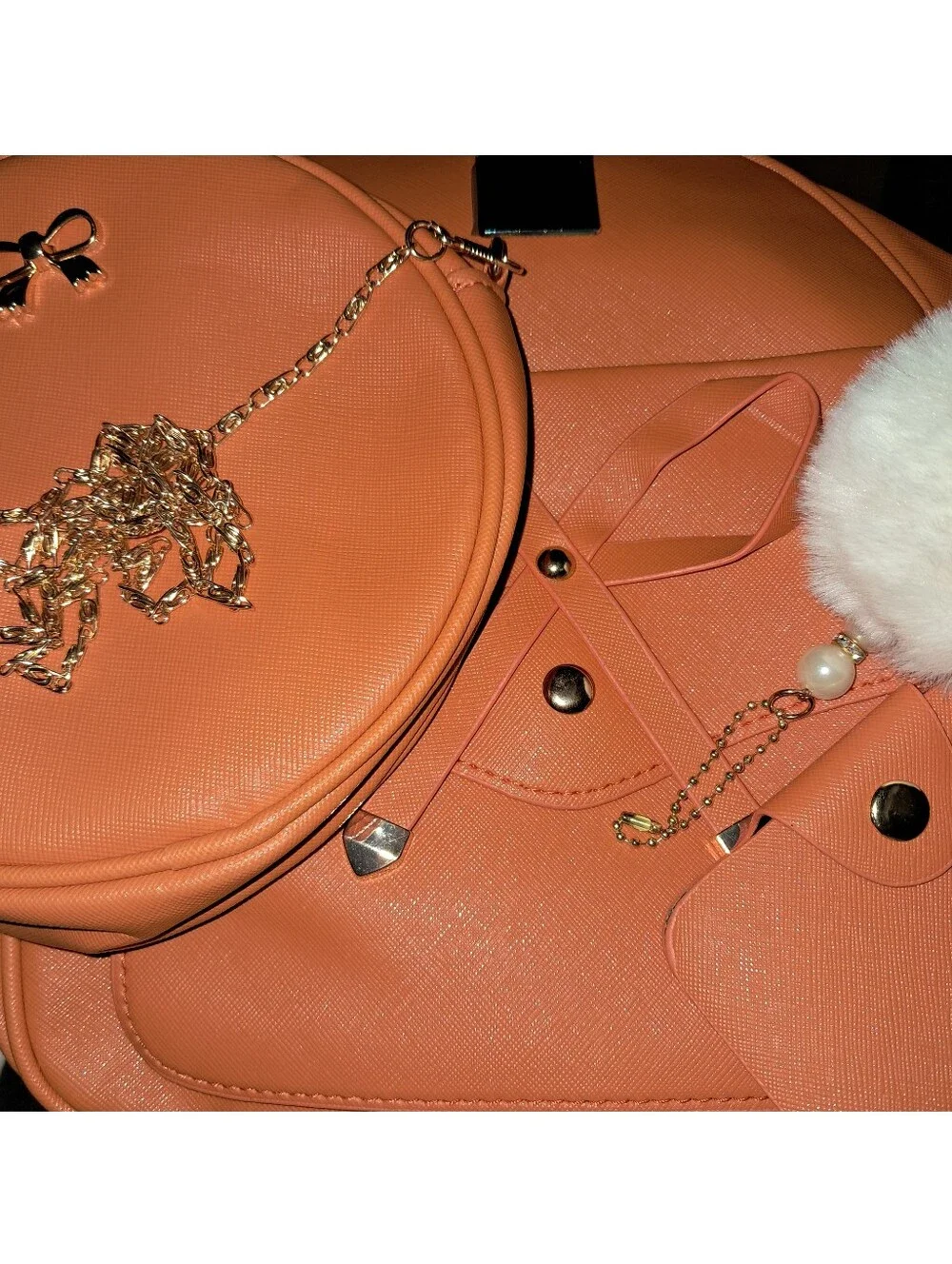 NWT Girls 4-Piece Faux Leather Fashion Backpack Set In Orange